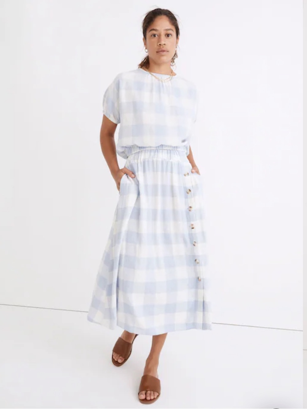 Madewell Linen-Blend Side-Button Midi Skirt in Gingham Check – Size Small - Picture 3 of 7